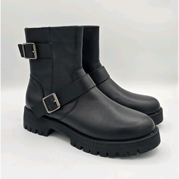 Steve Madden “Crusader” Women’s Genuine Leather Inside Zip Lug Boot (Black) NEW - Picture 1 of 5